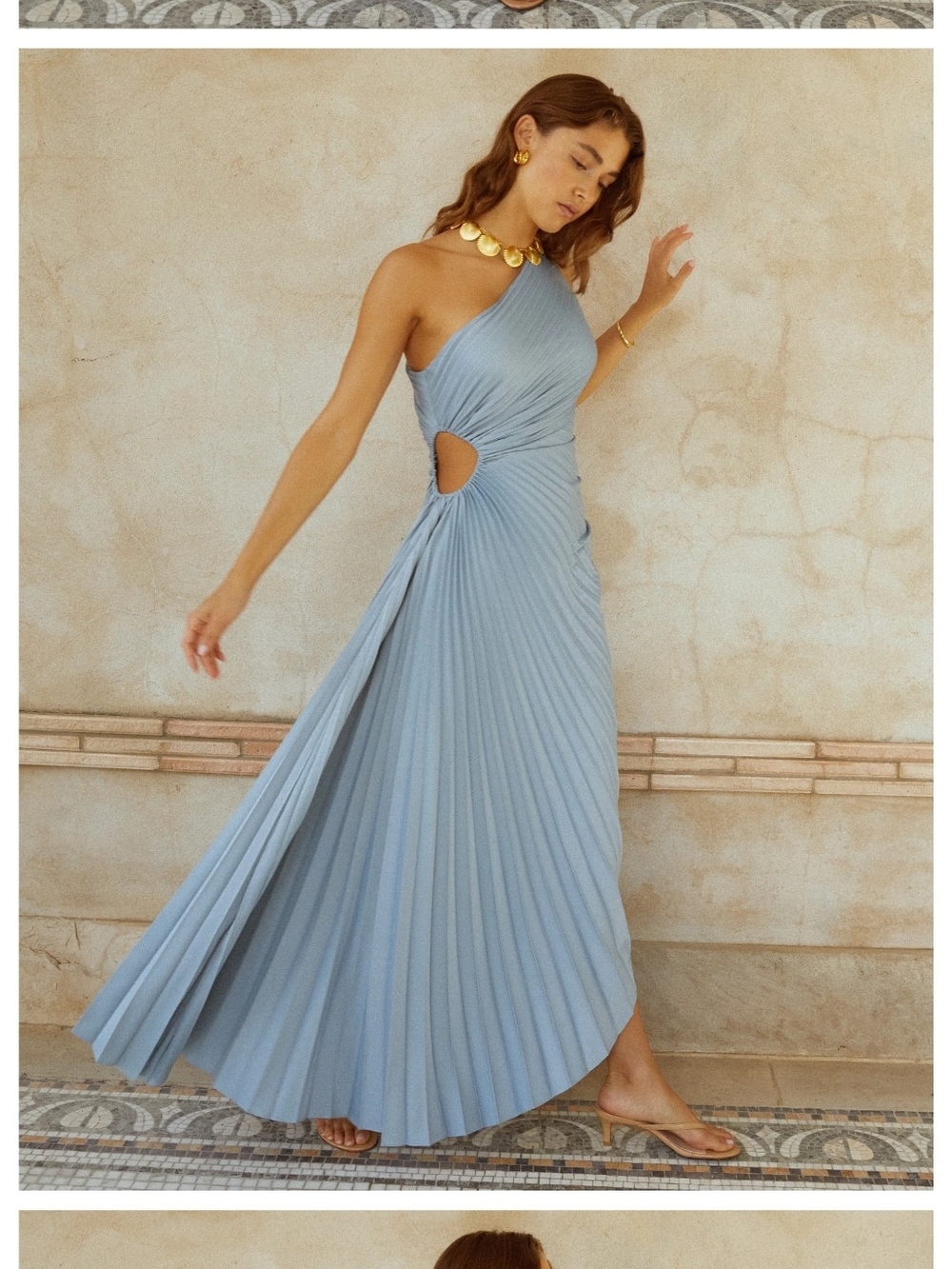 O.P.T. Perko Asymmetric One-Shoulder Pleated Maxi Dress in Dusty Blue